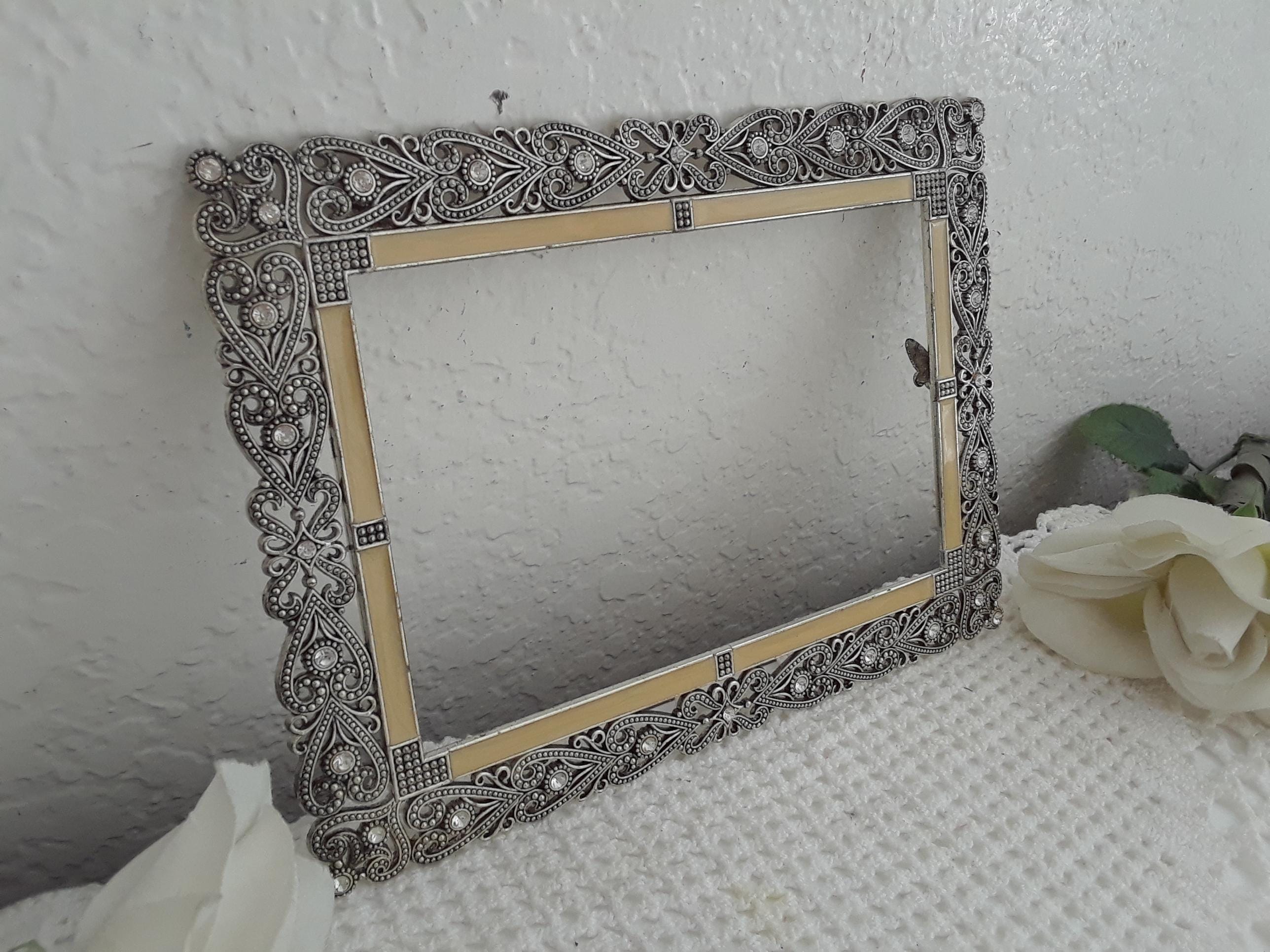 Vintage Light Creamy Pale Yellow Enamel & Heart Rhinestone Silver ...