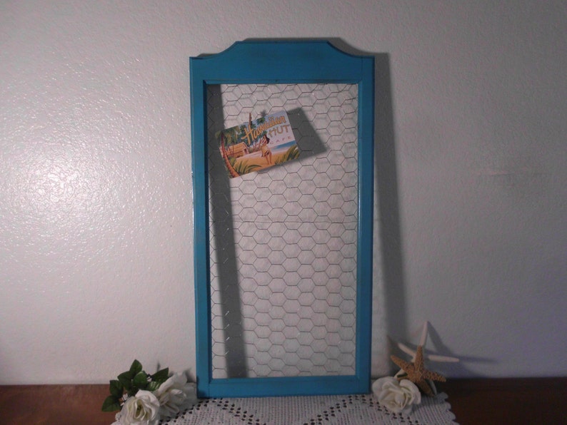 Rustic Aqua Turquoise Teal Blue Shabby Chic Chicken Wire Memo Board Photo Picture Display Beach Cottage Country Farmhouse Home Decor Wedding image 1