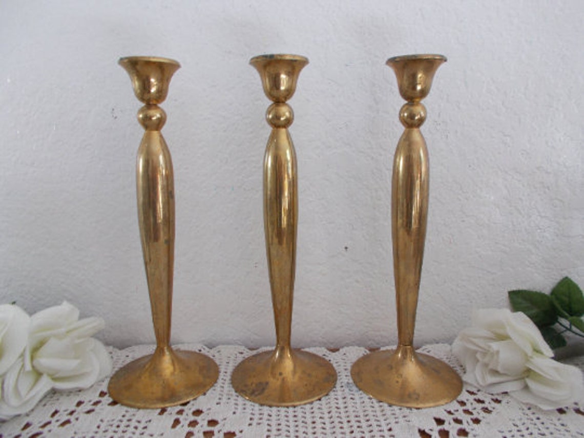 Vintage Gold Brass Taper Candle Holder Set Trio Table Candlestick ...