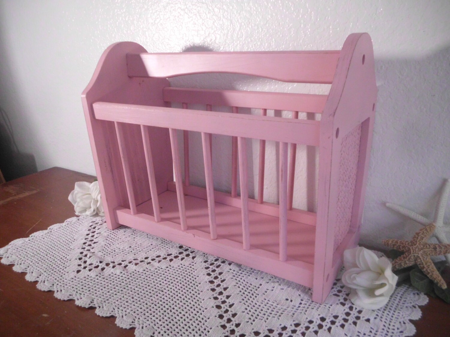 Magazine Rack Pink Shabby Chic Wood Rustic Beach Cottage French Country ...