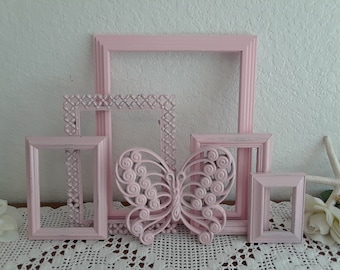 Pink Shabby Chic Butterfly Picture Frame Set Photo Wall Gallery Paris Nursery French Country Farmhouse Romantic Cottage Home Decor Gift Her