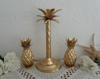 Gold Pineapple & Palm Tree Taper Unity Wedding Candle Holder Set Upcycled Vintage Candleholders Destination Hawaii Reception Decoration Gift