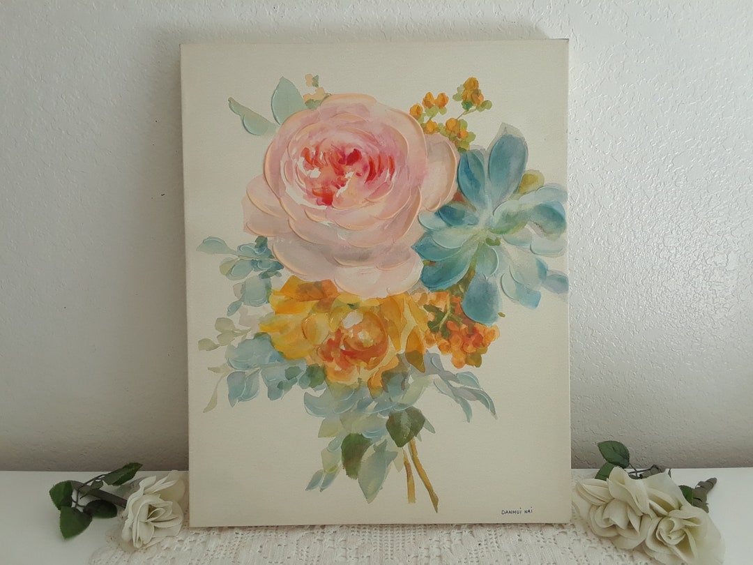 Vintage Pink Rose Bouquet Canvas Wall Art Signed DANHUI NAI ...