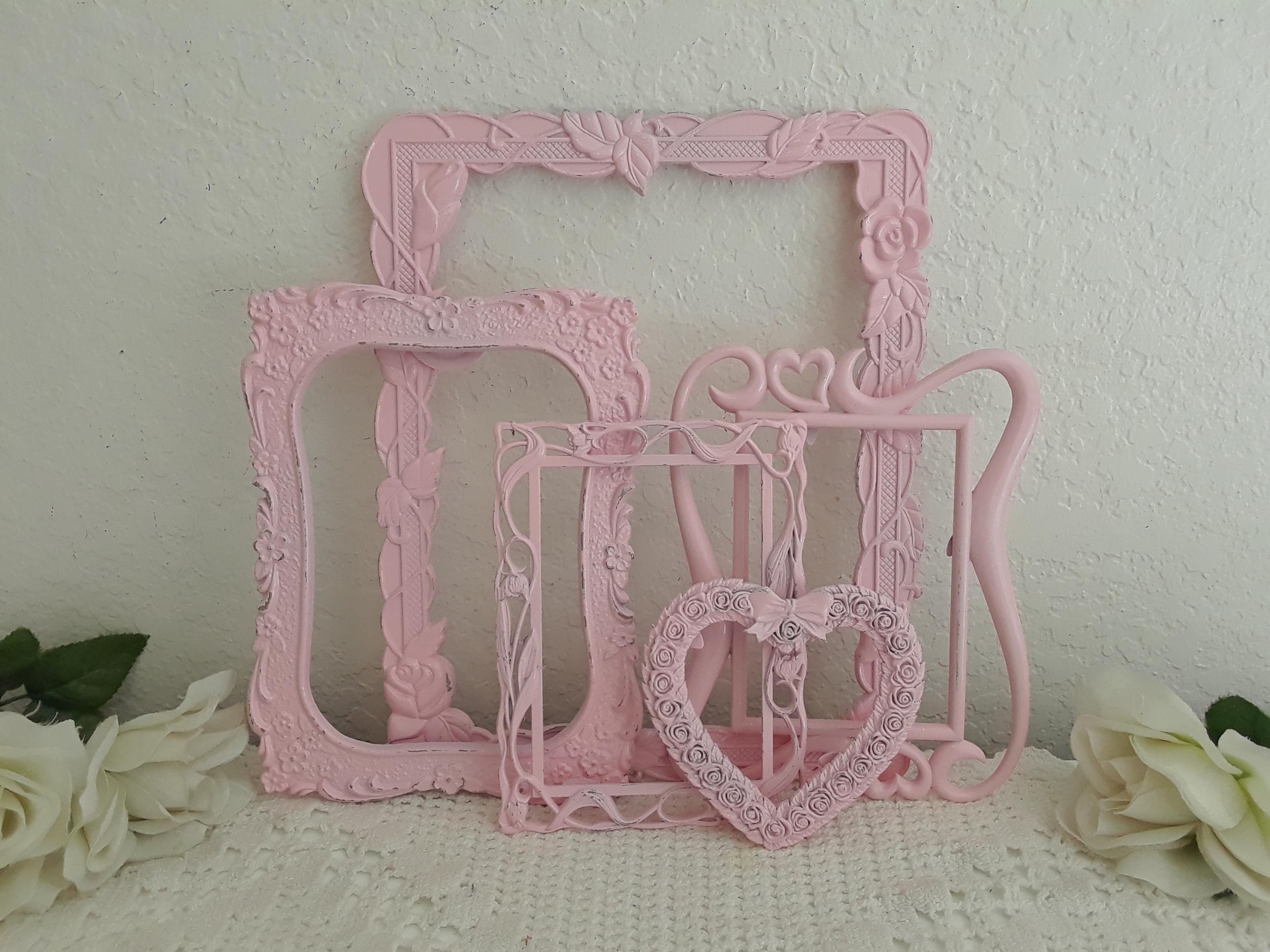 Pink Picture Frame Set Upcycled Vintage Flower Heart Wall Gallery