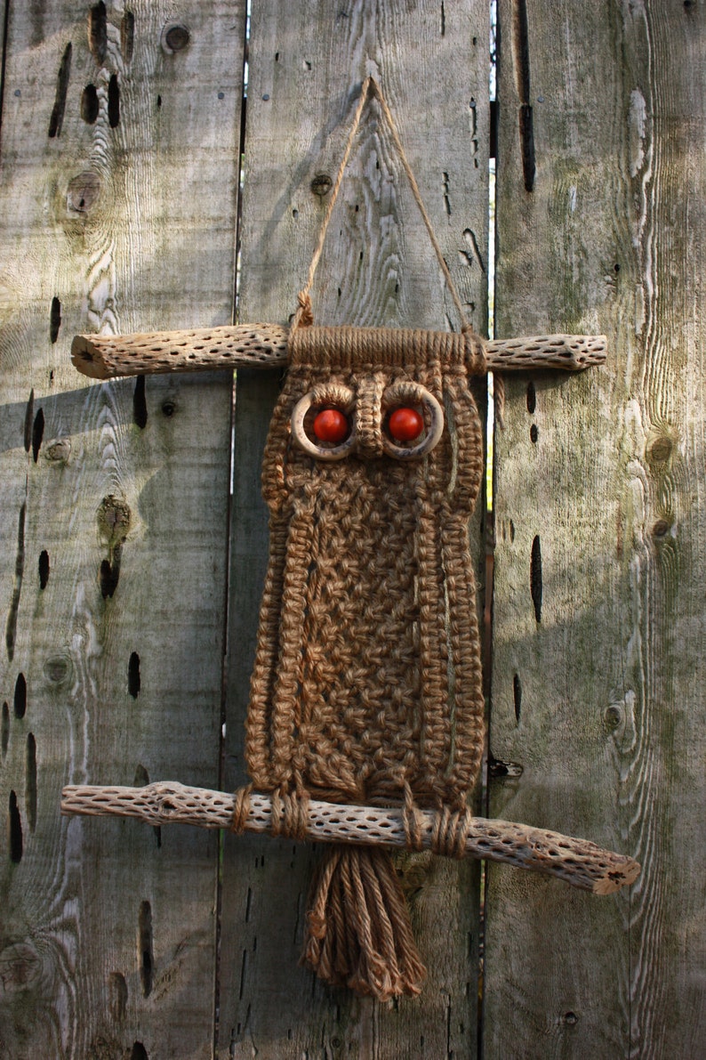 Owl Wall Decor Vintage Large Macrame 70s Brown Orange Eyed Etsy