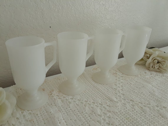 Vintage White Milk Glass Tall Pedestal Coffee Cup Mug Set Mid