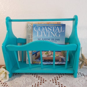 Aqua Turquoise Blue Magazine Rack Rustic Shabby Chic Distressed Up Cycled Vintage Wood Beach Cottage Country Farmhouse Home Decor Storage