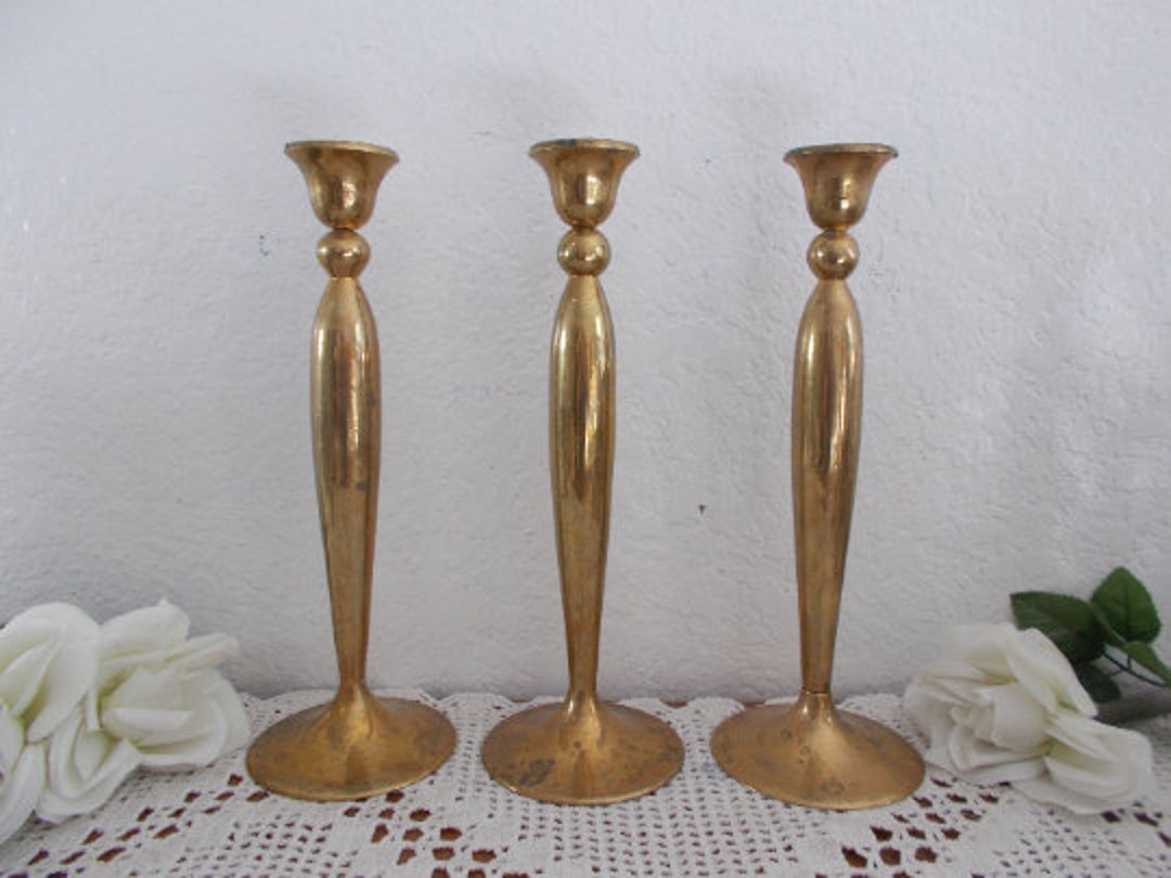 Vintage Gold Brass Taper Candle Holder Set Trio Table Candlestick ...