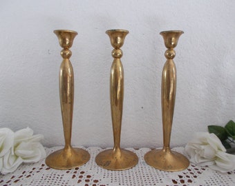 Vintage Gold Brass Taper Candle Holder Set Trio Table Candlestick Collection Mid Century Retro Bungalow Boho Home Decor Tulip Design Gift