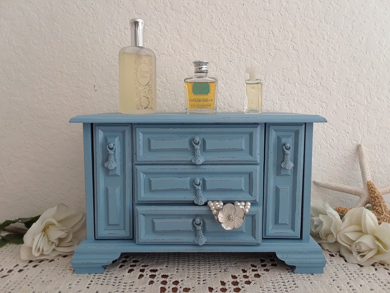 Blue Jewelry Music Box Up Cycled Vintage Rustic Shabby Chic Distressed Wood Beach Cottage Coastal Seaside Tropical Island Country Home Decor