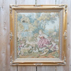 Large Vintage Ornate Gold Framed Fountain by the Lake Tapestry by Francois Boucher Paris French Country Romantic Shabby Chic Cottage Decor