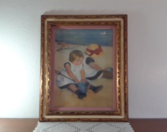 Large Vintage Ornate Carved Wood Frame Children Playing on the Beach Print by Mary Cassatt Mid Century Hollywood Regency Nursery Home Decor