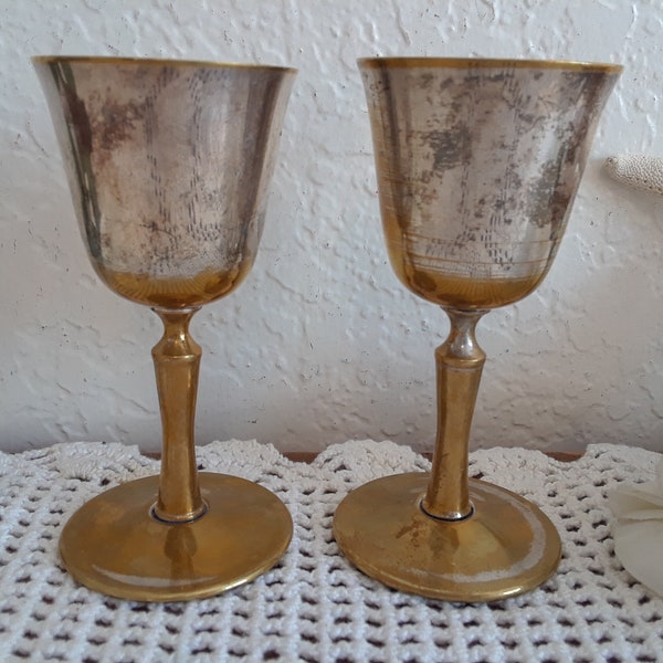 Vintage Silver & Gold Wedding Shot Glass Set Two Bride Groom Toasting Pair Mid Century Hollywood Regency Retro Barware Decor Gift Him Her