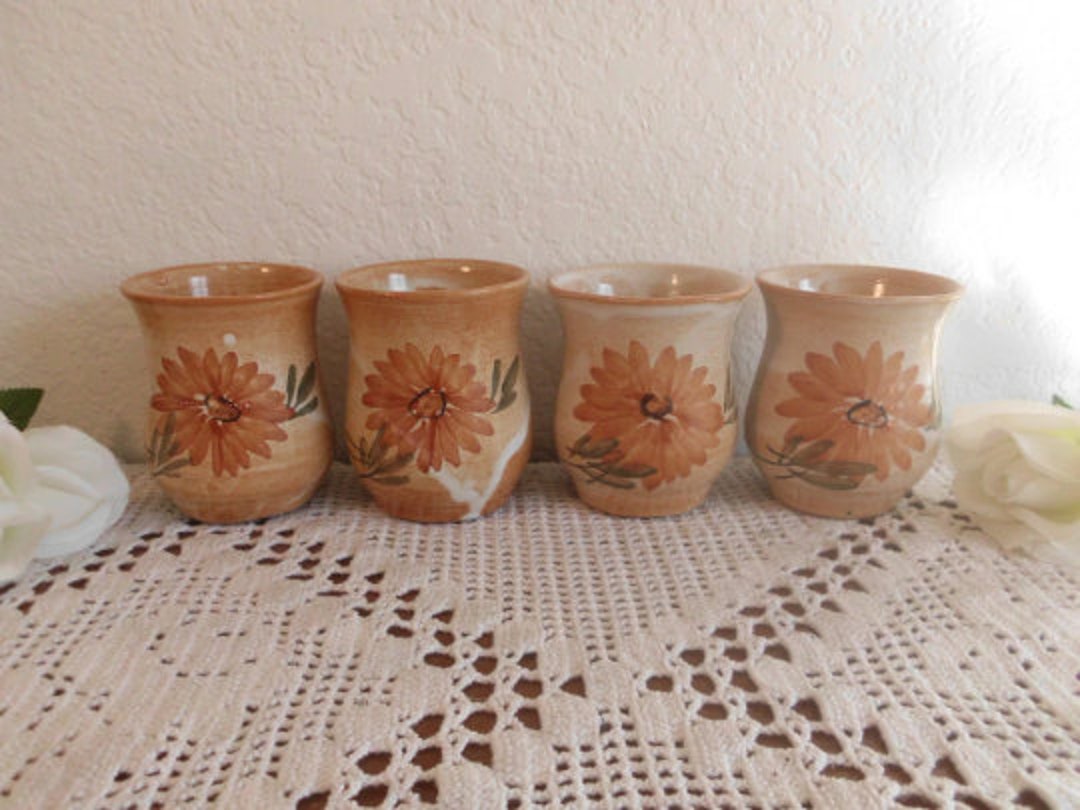 Vintage Glazed Terra Cotta Cup Set Dahlia Flower Wine Tumbler Herb