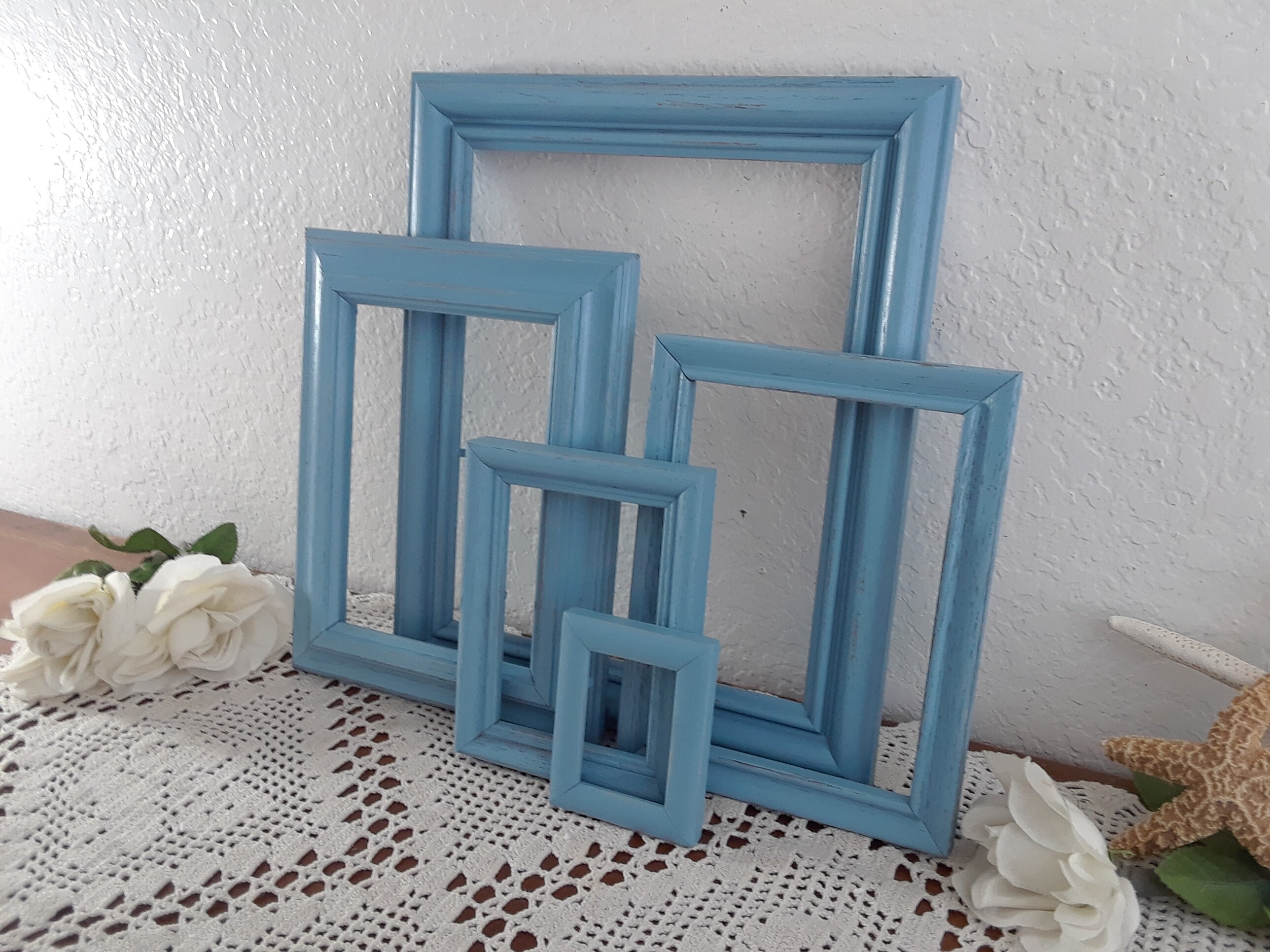 Blue Picture Frame Set Upcycled Vintage Wood Photo Gallery
