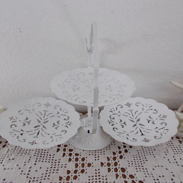 Ornate White Shabby Chic High Tea 2 Tier Serving Tray Upcycled Vintage Filigree Metal Paris Apartment French Country Farmhouse Cottage Decor