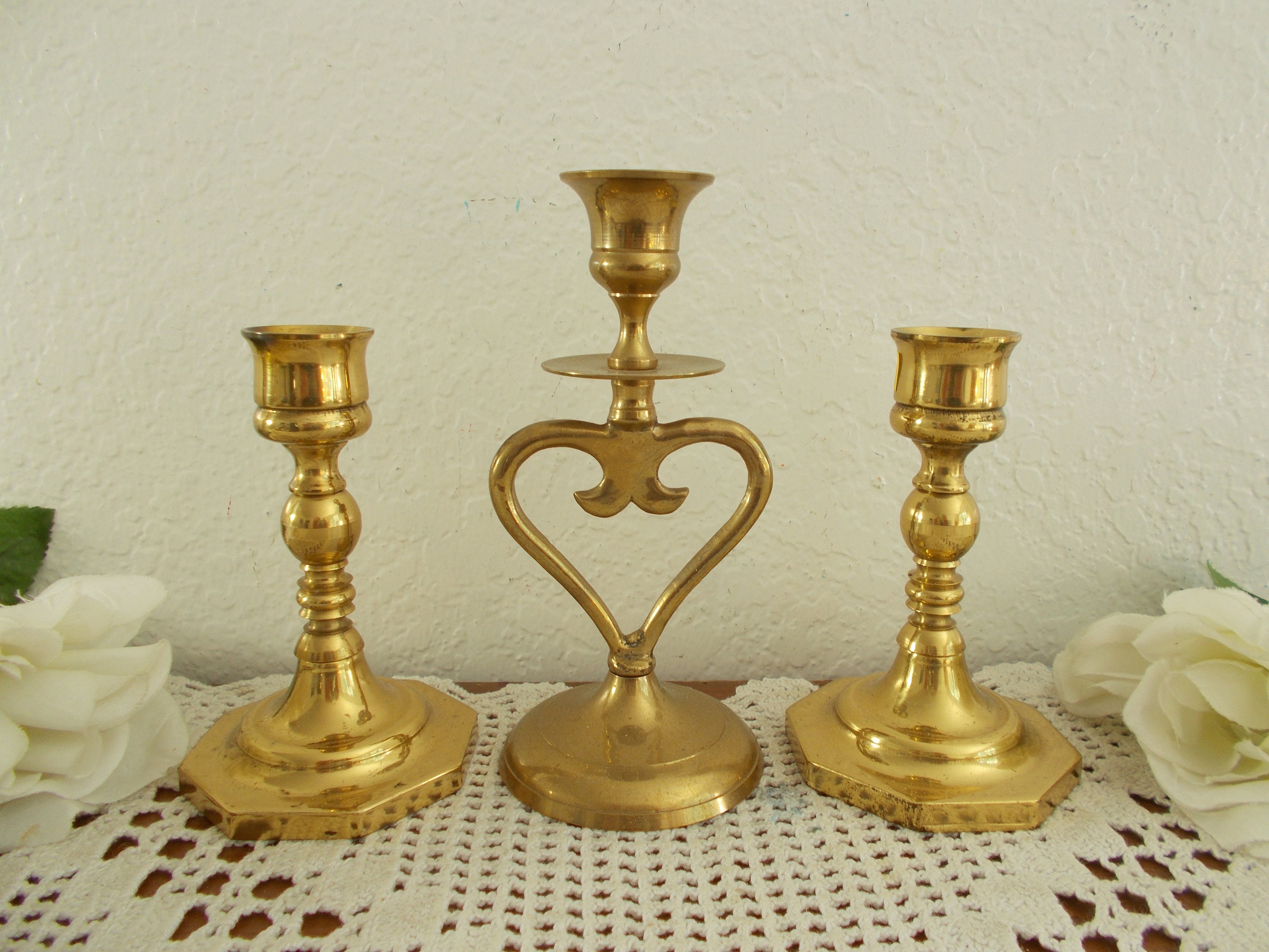 Vintage Wedding Heart Unity Candle Holder Set Gold Brass Etsy