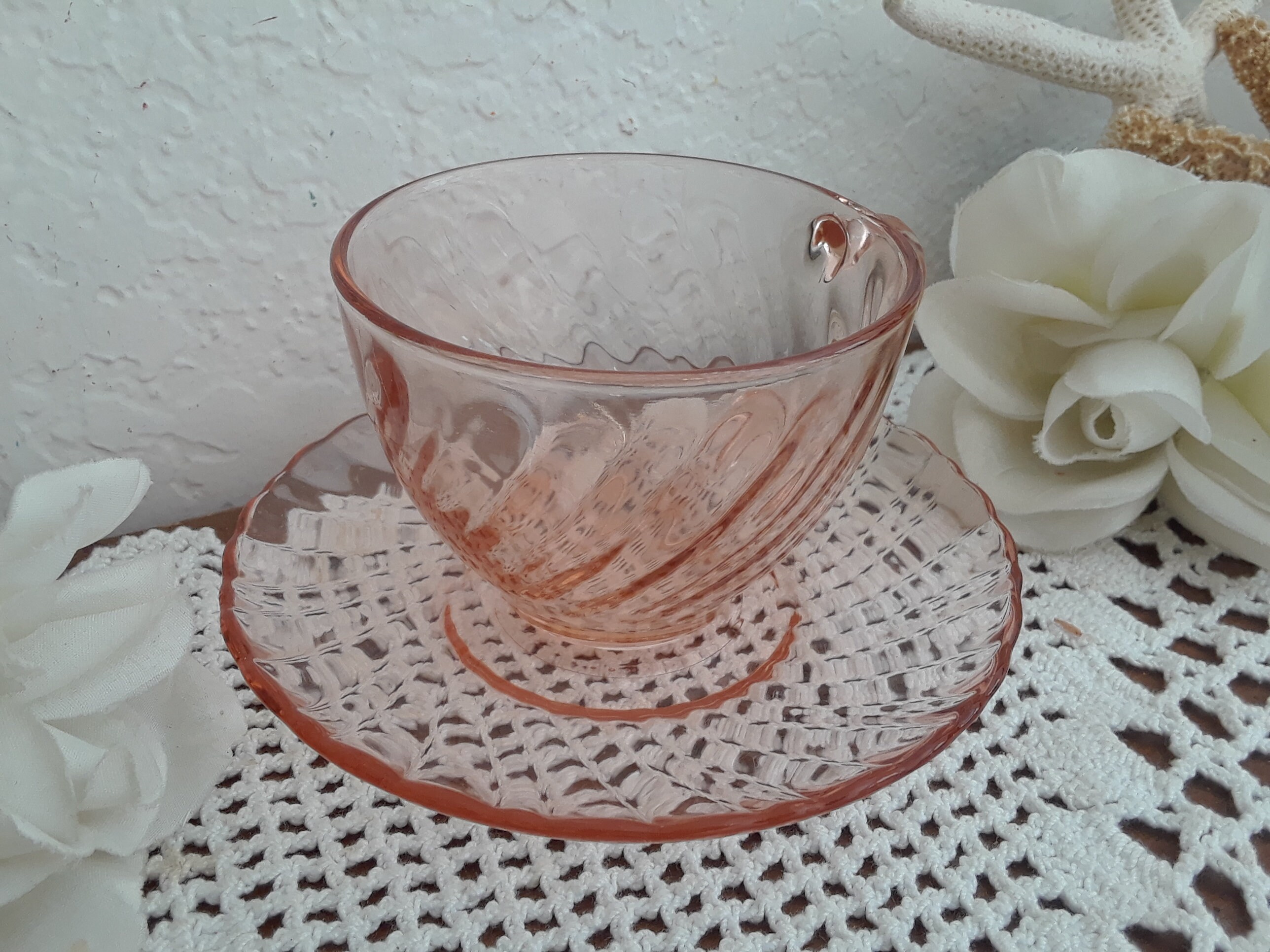 Vintage Clear Pink Glass Tea Coffee Cup & Saucer Set Rosaline Etsy