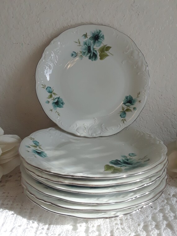 Vintage Wawel Blue Morning Flower Green Leaves White Silver