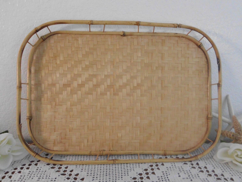 Vintage Serving Tray Bamboo and Rattan Beach Cottage Island Home Decor Tropical Luau Decoration Birthday Christmas Gift For Him Stackable image 3