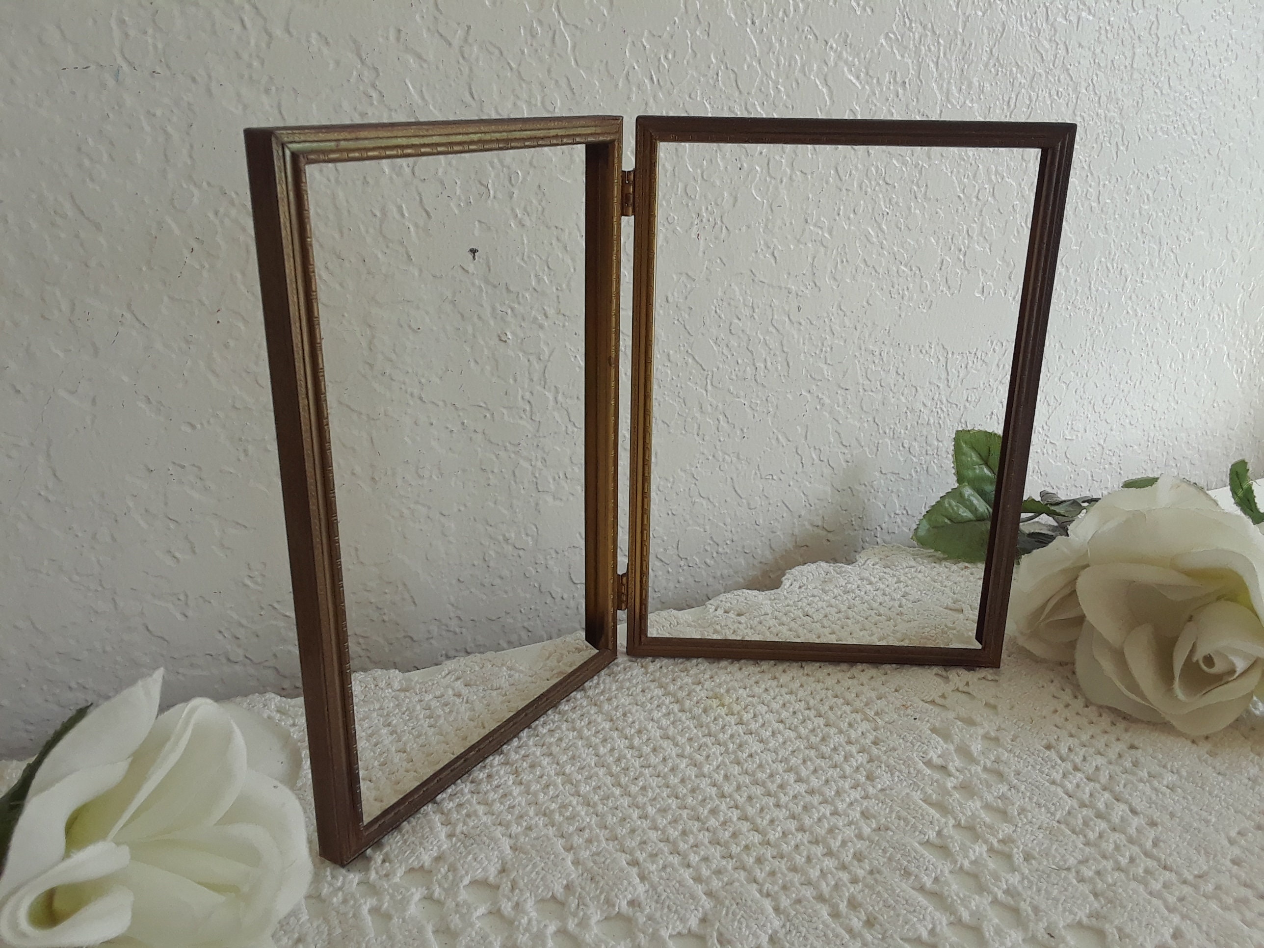 Vintage Ornate Double Hinged Dark Gold Brass Picture Frame Folding 2 ...