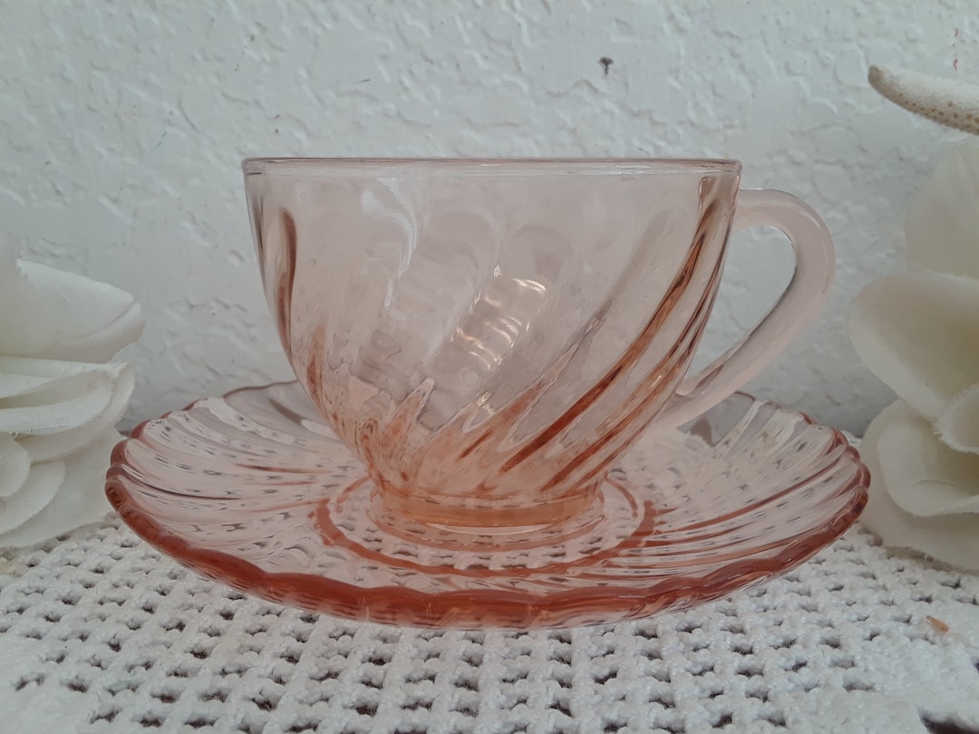 Vintage Clear Pink Glass Tea Coffee Cup & Saucer Set Rosaline Swirl