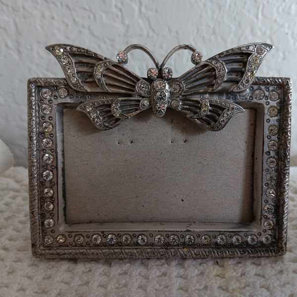 Vintage Silver Pewter Butterfly Clear Rhinestone Picture Frame 2 x 3 Photo Decoration Hollywood Regency Paris Apartment French Decor Gift