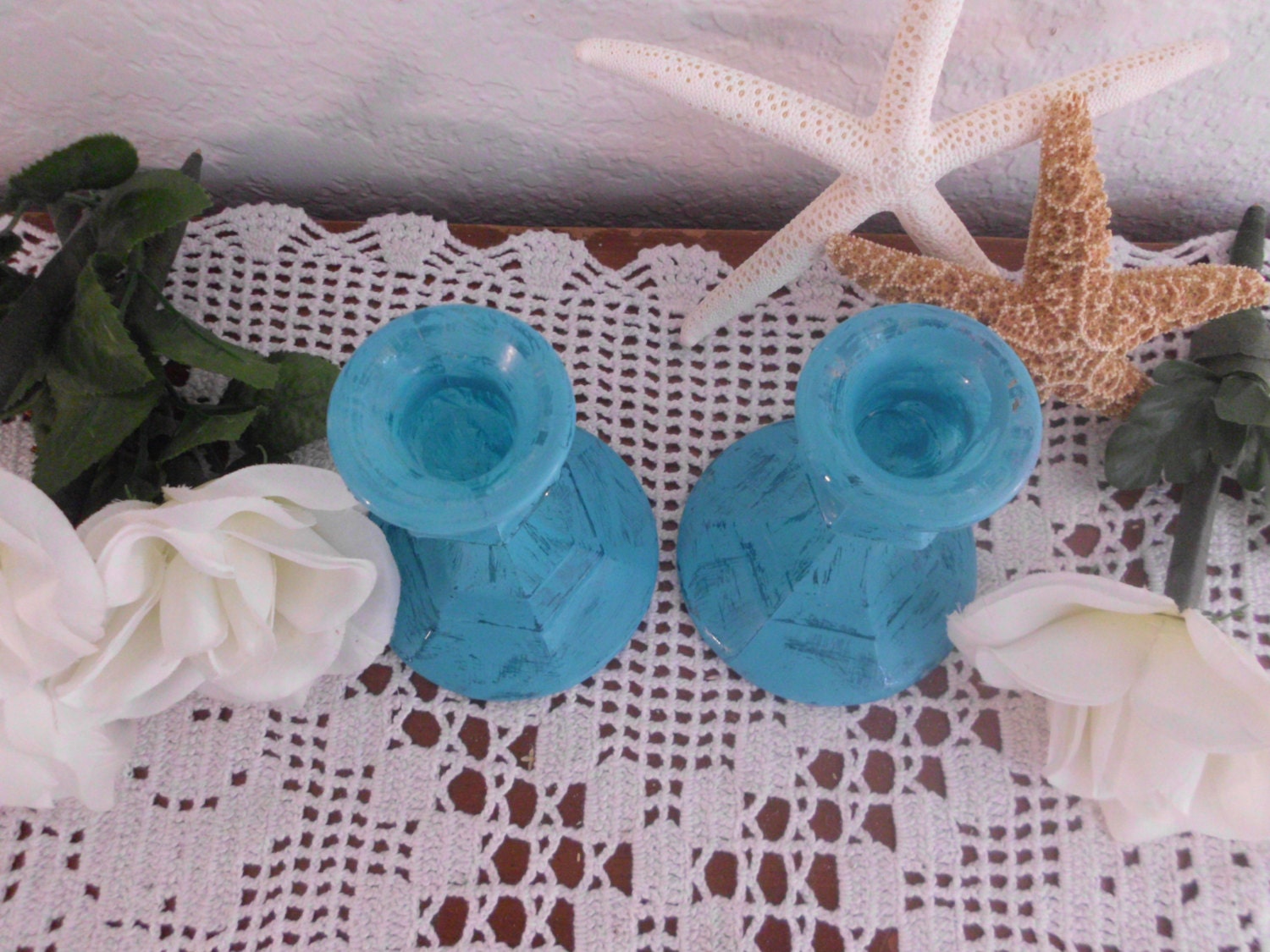Blue Candle Holder Set Rustic Aqua Turquoise Teal Blue Shabby Etsy