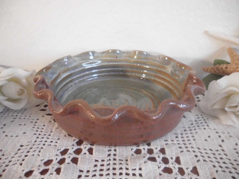 Vintage Gourmet Ironstone Stoneware Blue Brown Food Dish Quiche Pie Plate Baking Dish Fluted Casserole Eco Friendly Gift for Him Her