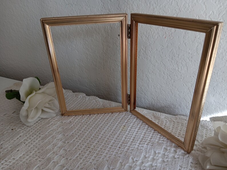 Vintage Gold Metal Hinged Picture Frame 2 Folding Double Sided 5 X 7 ...