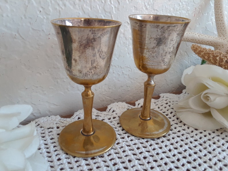 Vintage Silver & Gold Wedding Shot Glass Set Two Bride Groom Toasting Pair Mid Century Hollywood Regency Retro Barware Decor Gift Him Her image 2