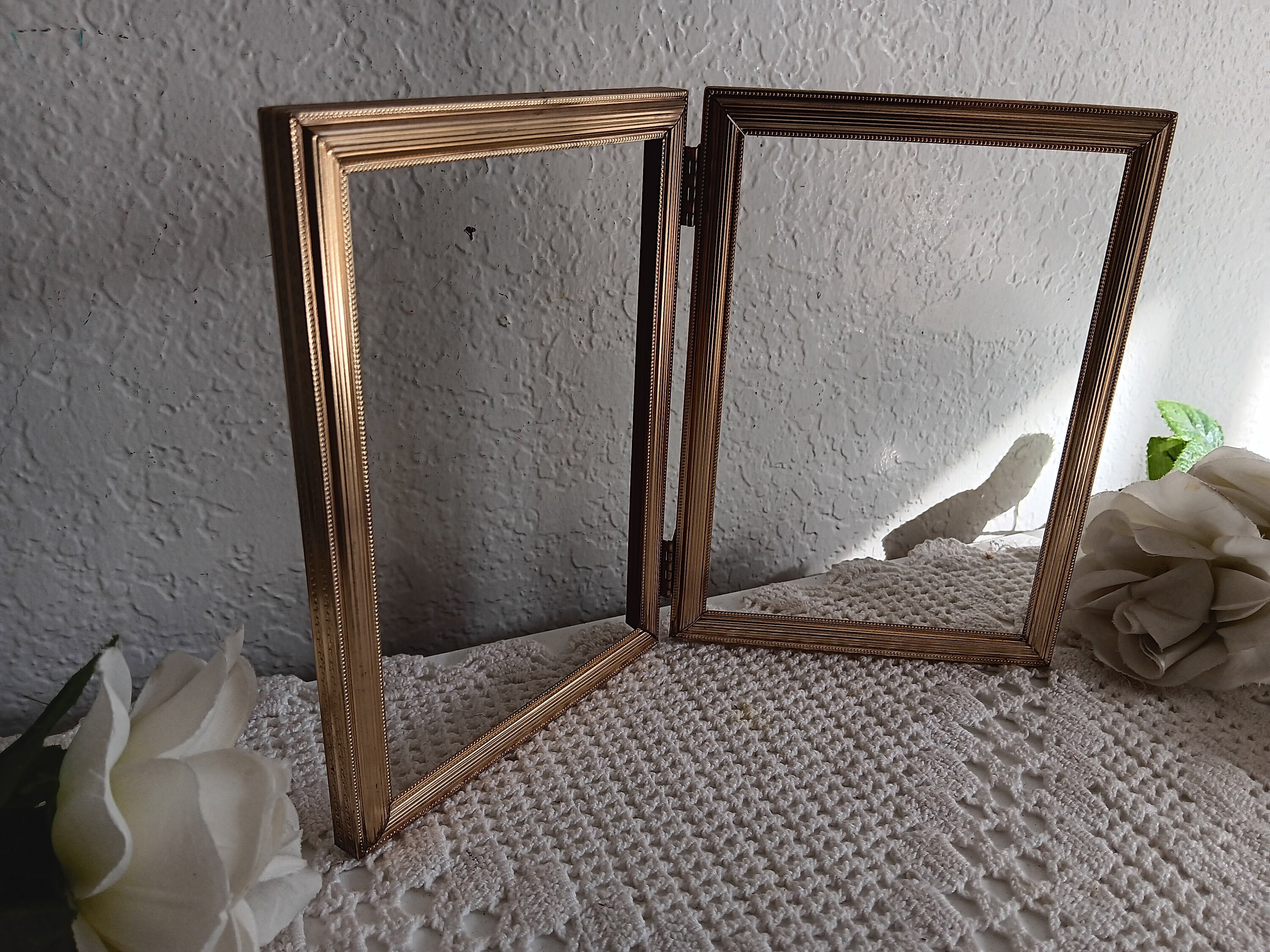 Vintage Gold Metal Hinged Picture Frame 2 Folding Double Sided 5 X 7 ...