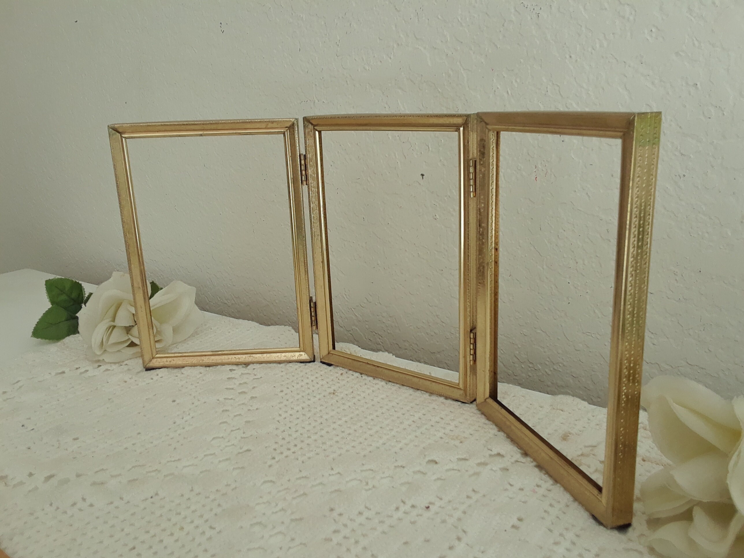 Vintage Ornate Gold Metal Hinged Picture Frame 3 - 5x7 Trio Photo ...