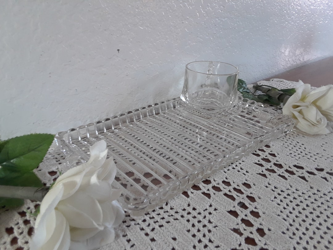 Vintage Clear Pressed Glass Snack Serving Tray Plate Tea / Coffee Cup