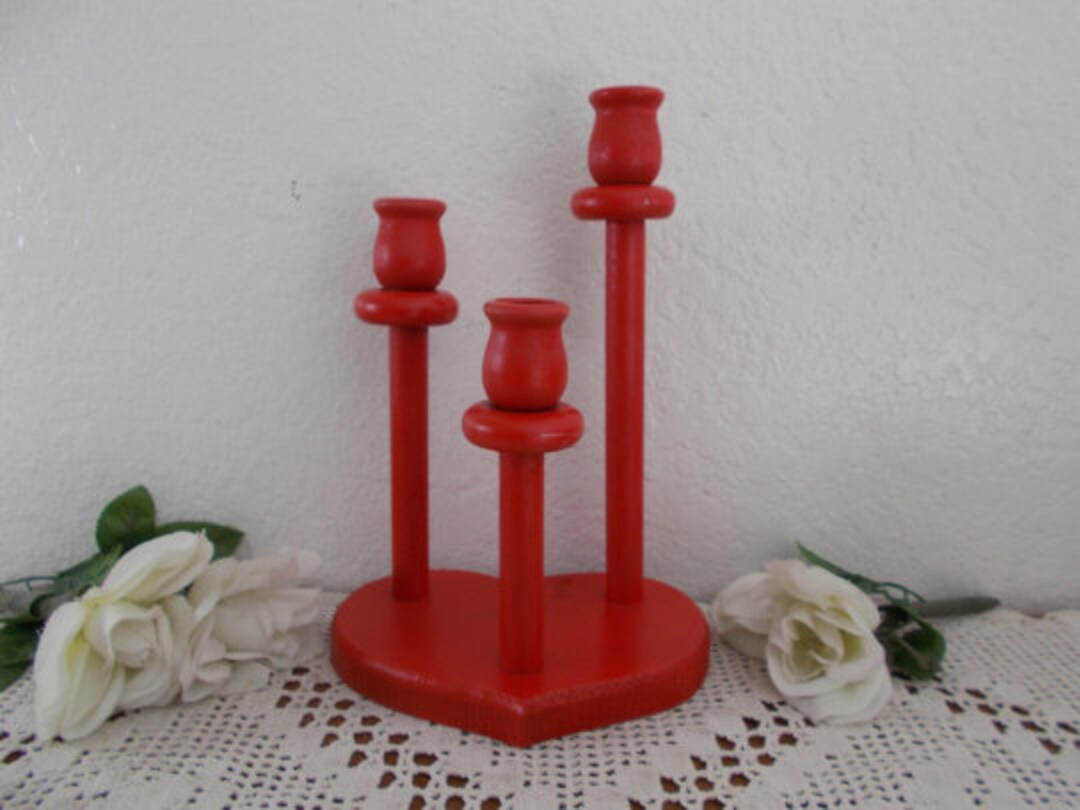 Rustic Red Heart Candelabra Upcycled Vintage Wood Taper Candle Holder