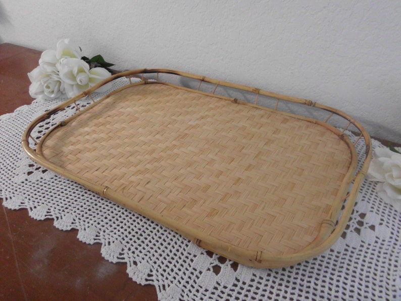 Vintage Serving Tray Bamboo and Rattan Beach Cottage Island Home Decor Tropical Luau Decoration Birthday Christmas Gift For Him Stackable image 2