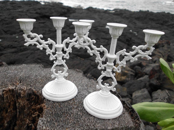 White Shabby Chic Mini Candelabra Set up Cycled Vintage Brass