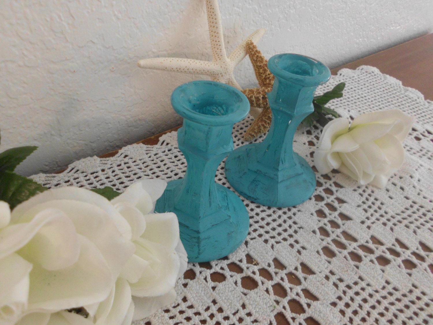 Blue Candle Holder Set Rustic Aqua Turquoise Teal Blue Shabby Etsy