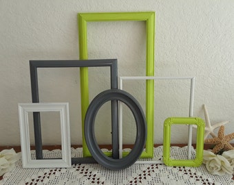Lime Green, Gray and White Picture Frame Set Up Cycled Vintage Photo Gallery Collection Retro Cottage Hawaii Island Home Decor Gift Him Her