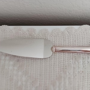 May include: A silver cake server with a rounded blade and a handle. The handle has a decorative design near the blade. The server is on a white, textured surface.