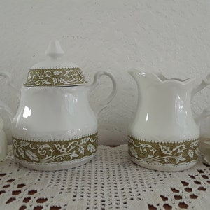 Vintage Sterling Colonial English Ironstone J & G Meakin Renaissance Green and White Creamer and Sugar Bowl Lid Set Crafted in England Decor