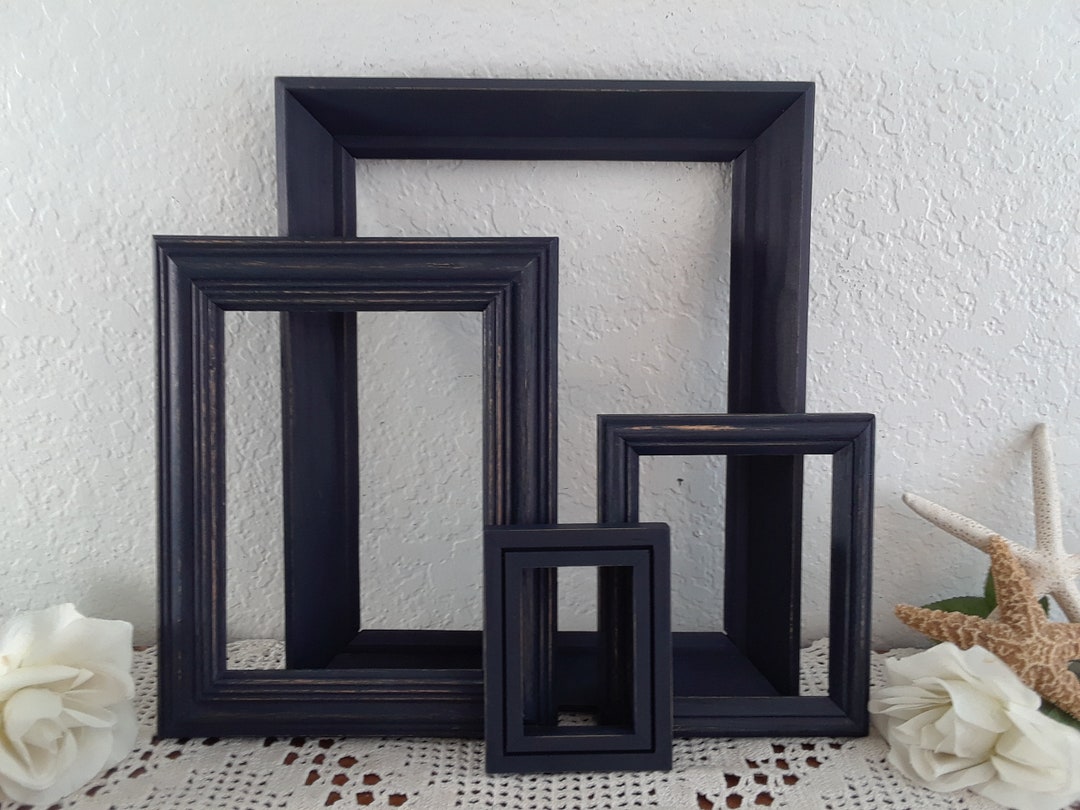 Midnight Blue Picture Frame Set up Cycled Vintage Wood Photo Gallery