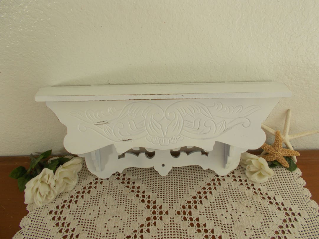 White Shabby Chic Wall Shelf up Cycled Vintage Carved Wood Beach