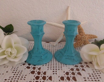 Blue Candle Holder Set Rustic Aqua Turquoise Teal Blue Shabby Chic Taper Beach Cottage Coastal Seashore Home Decor Wedding Decoration