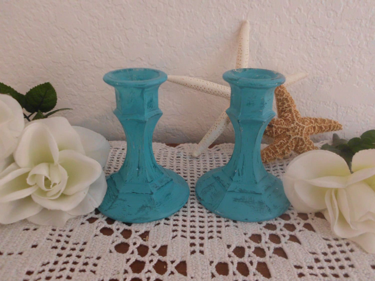 Blue Candle Holder Set Rustic Aqua Turquoise Teal Blue Shabby Etsy