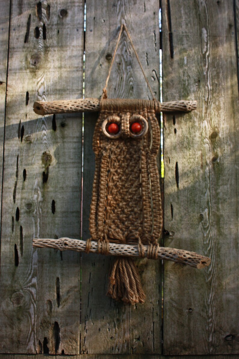Owl Wall Decor Vintage Large Macrame 70s Brown Orange Eyed Etsy