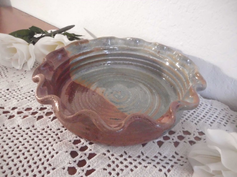 Vintage Gourmet Ironstone Stoneware Blue Brown Food Dish Quiche Pie Plate Baking Dish Fluted Casserole Eco Friendly Gift for Him Her