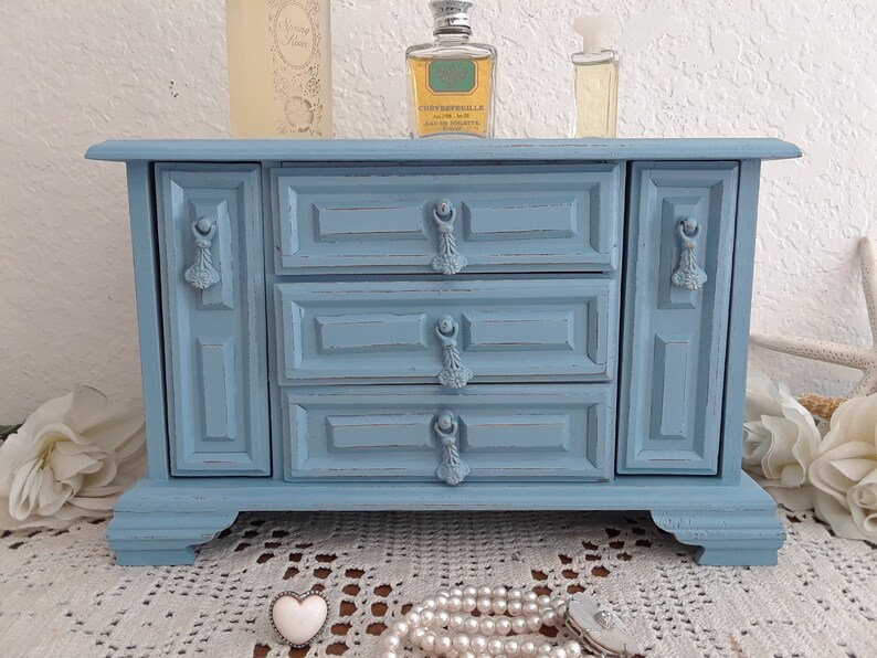 Blue Jewelry Music Box Up Cycled Vintage Rustic Shabby Chic Distressed Wood Beach Cottage Coastal Seaside Tropical Island Country Home Decor