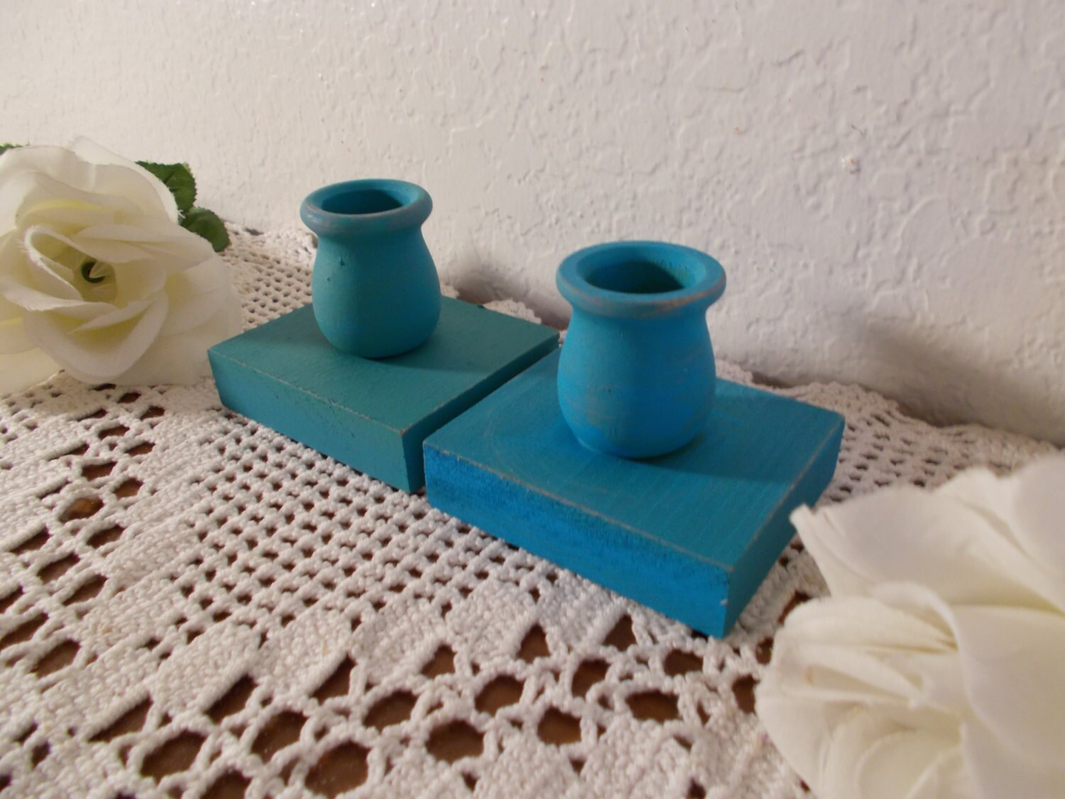 Rustic Aqua Turquoise Blue Taper Candle Holder Set Up Cycled Etsy