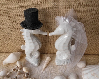 Beautiful Adorable White Tropical Kissing Seahorse Ceramic Wedding Cake Toppers Beach Seashore Coastal Centerpiece Destination Weddings